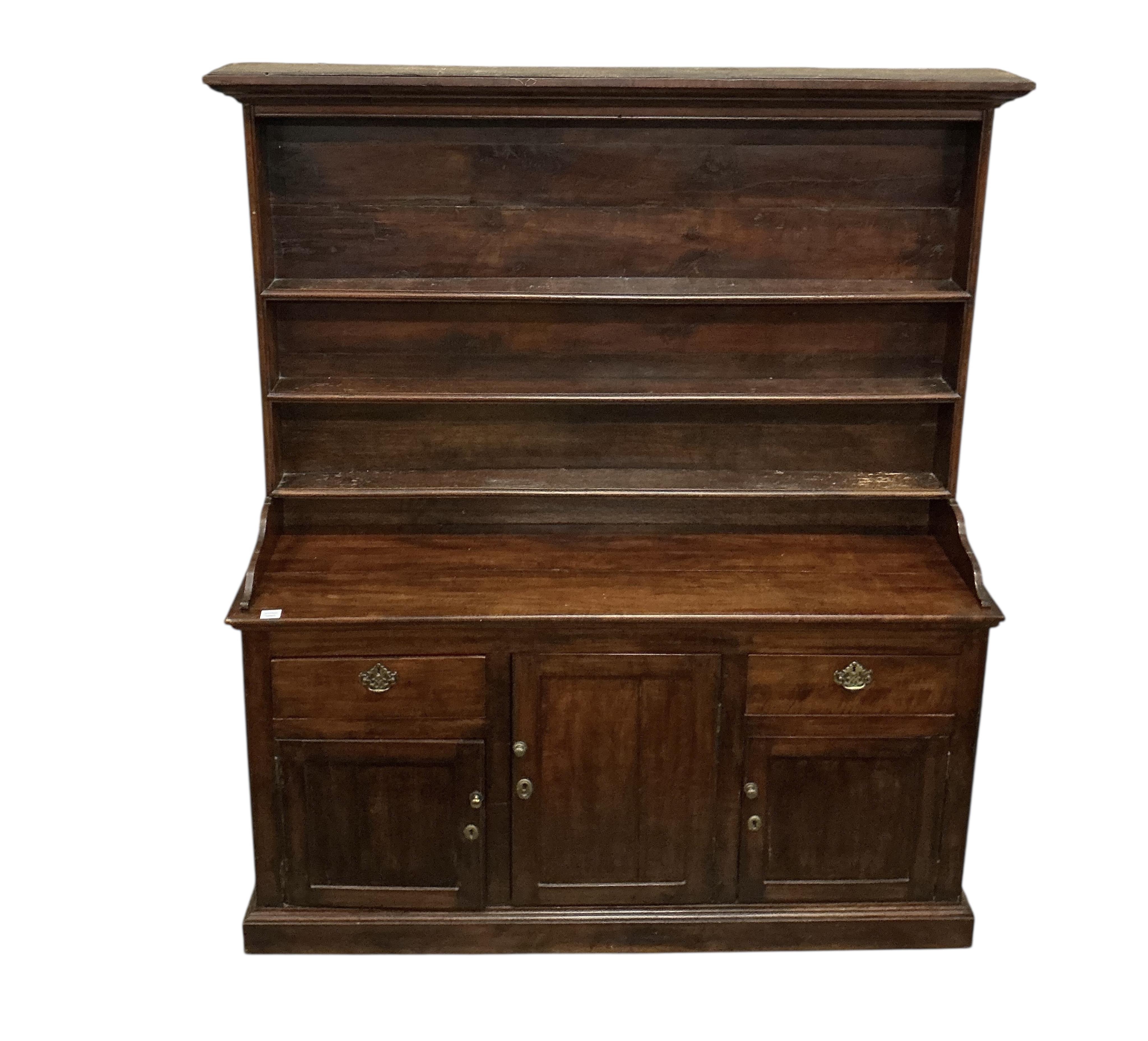 An early 19th century pine and cherry dresser with boarded rack, width 165cm, depth 43cm, height 189cm